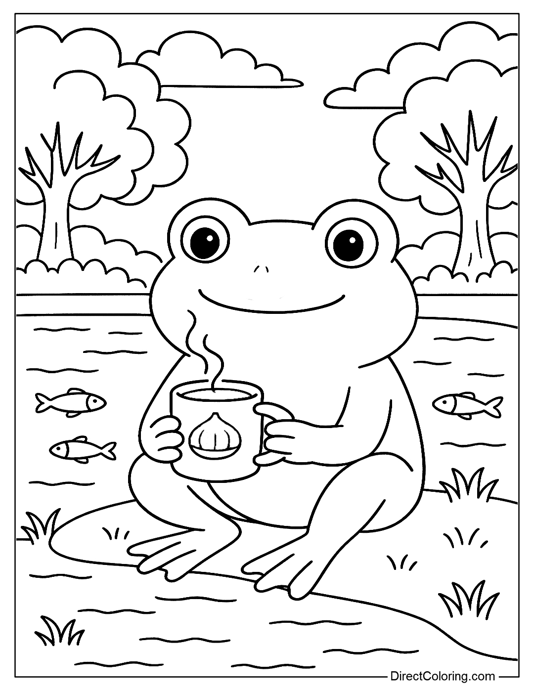 Frog Sitting by the Lake Enjoying Coffee coloring page for kids